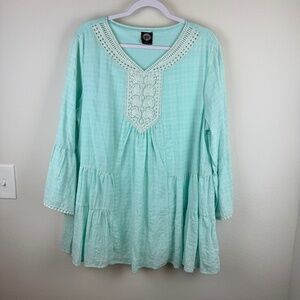 CAL STYLE Boho Aqua Crochet Tunic Soft Pleated Tunic Top (or dress)  / Size XL